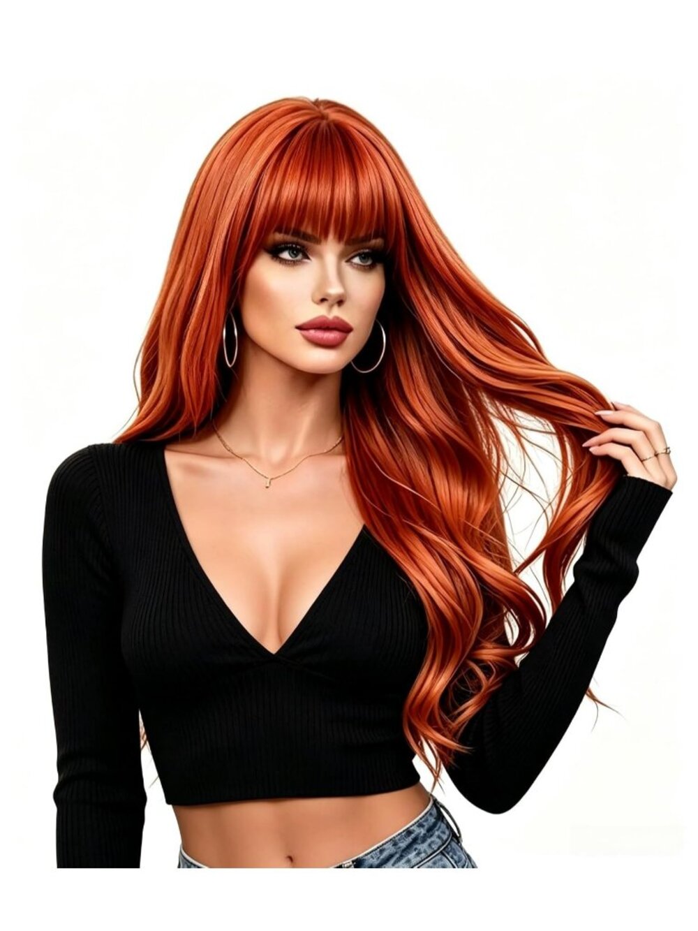 Women's Auburn Rugelyss Long Wavy with Straight Bangs Halloween Synthetic Wigs